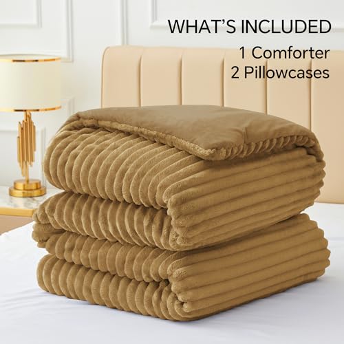 BEDELITE Fleece Queen Comforter Set -Super Soft & Warm Fluffy Brown Bedding, Luxury Fuzzy Heavy Bed Set for Winter with 2 Pillow Cases