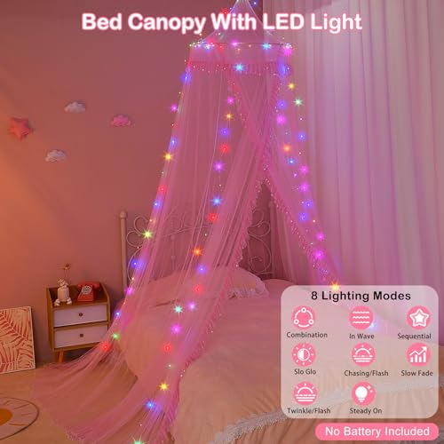Unicorn Castle Bed Canopy for Girls with Remote Timer Breathable Canopy Bed Curtains with 8 Modes LED Lights Net Canopy for Bed for Girls Room Decor,Pink