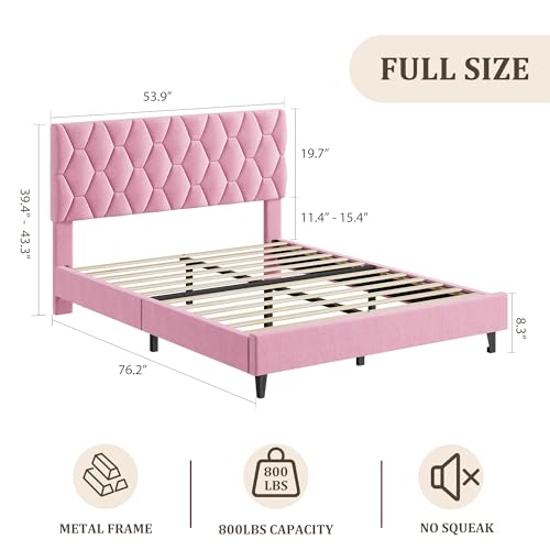 GAOMON Pink Full Bed Frame with Upholstered Headboard, Heavy-Duty Platform Bed Frame with Strong Wood Slats, No Box Spring Needed/Noise Free/Easy Assembly GAOMON
