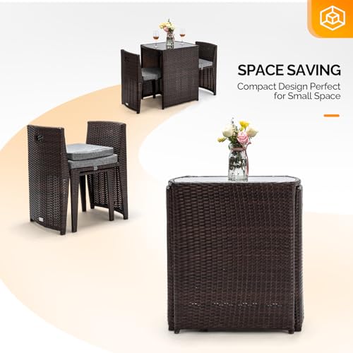 Bonnlo 3 PCS Wicker Outdoor Patio Bistro Set, Patio Furniture Set for Small Space with Glass Top Table Dining Chairs, Balcony Furniture Patio Table and Chairs Set of 2 for Garden Yard Porch Bonnlo