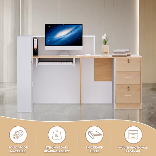 L-Shaped Large Wooden Reception Desk, Modern Front Desk Reception Counter with Lockable Drawers & Storage & Keyboard Tray, for Checkout, Lobby (Right-Natural Wood/White, 71''L x 42''W x 41''H) Yorkgargen