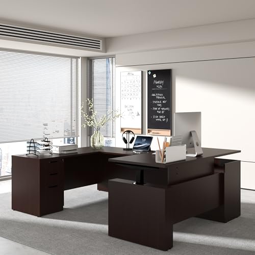ALFA BUSINESS 100.4'' U Shaped Executive Standing Desk with Pre-Assembled Frame & Lockable Cabinets, Height Adjustable Desk Dual-Motor Sit-Stand Workstation for Corporate & Home Office (Espresso-U) ALFA BUSINESS