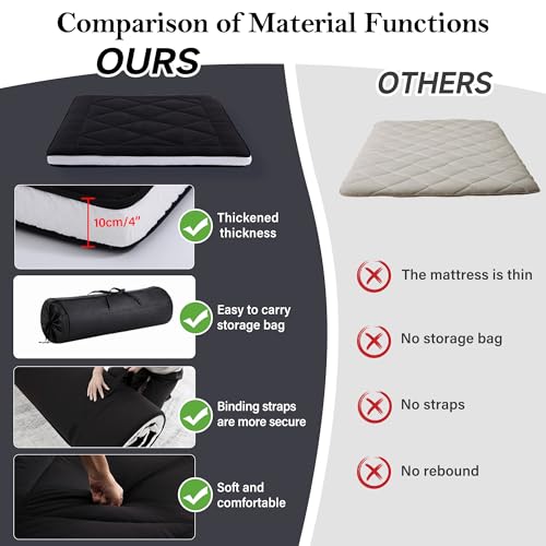 Welnow Japanese Futon Floor Mattress, Thick Full Size Tatami Mat Portable & Foldable Roll Up Floor Bed Mattress with Storage Bag, Sleeping Pad for Adults, Dorm, Guest Bed, Camping and Travel, Black Welnow