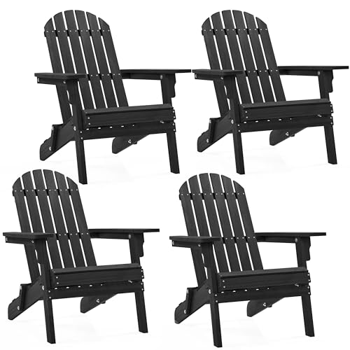 Yaheetech Folding Adirondack Chair Set of 4 Outdoor, 300LBS Solid Wood Garden Chair Weather Resistant, Fire Pit Lounge Chairs for Garden/Yard/Patio/Lawn, Black Yaheetech
