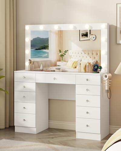Otterease White Makeup Vanity, 11 Drawers Vanity with Mirror and 12 LED Lights, Makeup Vanity Desk with 3 Lighting Modes Adjustable Brightness, Vanity with Glass Top for Bedroom Otterease