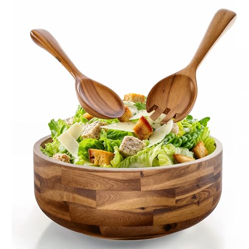 Tidita 12" Salad Bowl Set with 2 Wooden Hands - Large Acacia Wood Serving Bowl with Serving Utensils - Big Mixing Bowl for Fruits, Salad,Pasta for Kitchen Counter (12" Diameter x 4.5" Height) Tidita