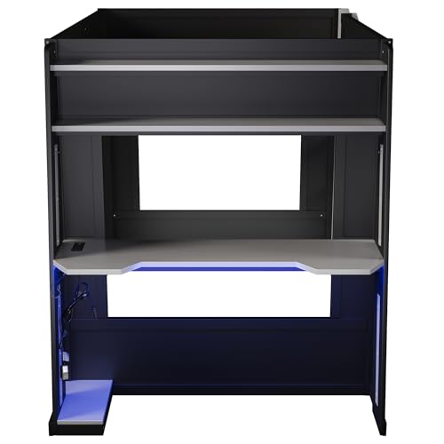 MERITLINE Queen Size Gaming Bunk Bed with Built-in Desk, RGB LED Lights & USB Port, Cable Management System & PC Tower Space, Overhead Storage Shelves, Full-Length Guardrails, Black+Grey MERITLINE
