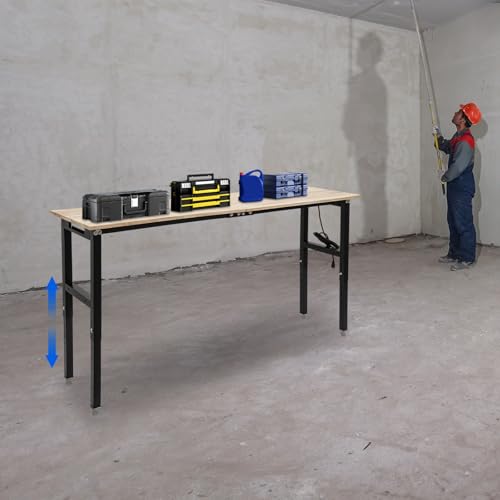 Heavy-Duty Workbench with Power Outlets, 3000lbs Load Capacity 72x20 Inch Work Table with 4 AC & 2 USB Ports, Height Adjustable Workshop Desk 31.5-39.3in Coehazelf
