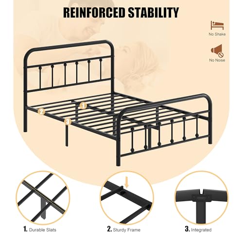 Shintenchi Full Size Metal Platform Bed Frame with Headboard & Footboard, Steel Slat Mattress Foundation, Under Bed Storage, Noise-Free, No Box Spring Needed, Black Round Shintenchi