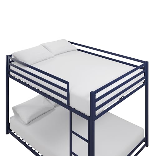 DHP Miles Low Metal Bunk Bed Frame for Kids, With Built-in Ladder, High Guardrail and Metal Slats, Floor Bed Bottom Bunk, No Boxspring Required, For Small Spaces, Full-Over-Full, Blue DHP