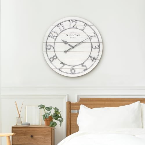 Presentime & Co Classic Farmhouse Shiplap Clock, 19.5 inch, Galvanized Finish Arabic Numerals with White Shiplap Style. Large Farmhouse Decor for Living Room, Entryway, Home Office. Wall Décor Presentime