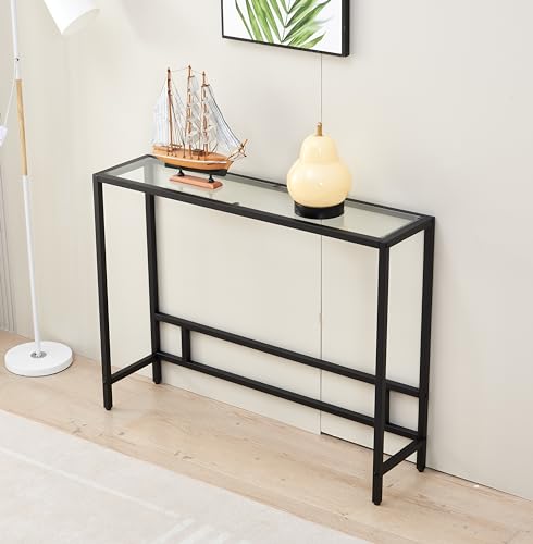 MAJARO Small Modern Console Table for Entryway, Tempered Glass with Metal Frame Sofa Table for Living Room, Hallway, Office (Single-Layer, Black) MAJARO