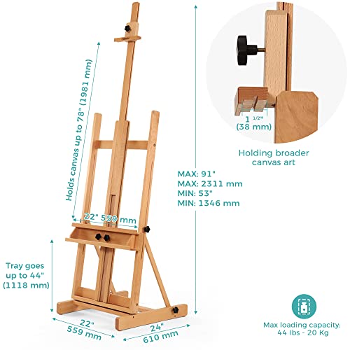 VISWIN Large H-Frame Easel 53"-91 "H, Hold Canvas up to 78", Premium Beech Wood Easel Stand for Painting with Larger Storage Tray, Adjustable Floor Art Easel for Adults, Artists - Natural VISWIN