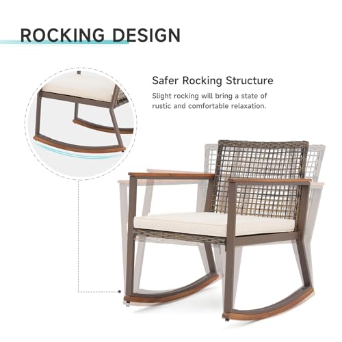 Verano Garden 3 Pieces Rocking Bistro Set, Outdoor Conversation Bistro Chairs and Table Set with Wood Armrest and Soft Cushions, Small Porch Set Balcony Set for Garden, Patio, Yard Verano Garden