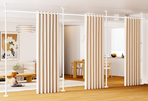BONPALLY Room Divider Curtain Rod for Wide Space Room Separation, 28-171inch(W) 4-10ft(H) Adjustable No Drilling Tension Curtain Rods, Heavy Duty Temporary Privacy Wall Divider, White Bonpally