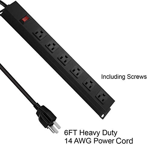 Metal Wall Mount Power Strip, Mountable Power Outlet with 6 AC Outlets, Aluminum Alloy Mount Power Socket with Switch, 6 FT SJT 3/C 14AWG Power Cord, 15A 125V 1875W (6AC) Black HHSOET