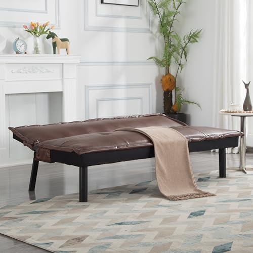 Brown Faux Leather Sofa Bed with Full Size Futon Frame, Convertible Reclining Couch with Tufted Backrest, Compact Sleeper Loveseat for Living Room, Guest Room, or Office – 64.6” (PU Leather, Brown) LIMNGZMEENN