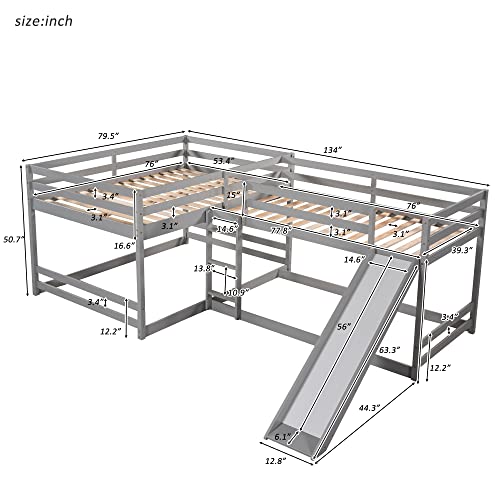 Quad Bunk Beds with Slide, L Shape Bunk Bed Compatible with 4, Full Over Full Bunk Bed & Twin Over Twin Bunk Bed, Wood Corner Bunk Beds Compatible with Boys Girls Teens (4 Beds, Gray) ,Queen Bed TMAXX