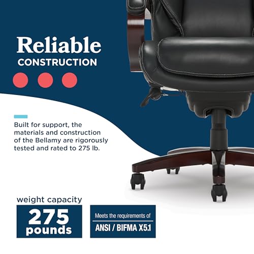 La-Z-Boy® Bellamy Executive Office Chair with Memory Foam Cushions, Real Wood Arms and Swivel Base, Waterfall Seat Edge, Faux Bonded Leather, Black La-Z-Boy