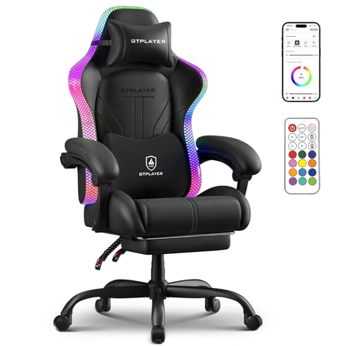 GTPLAYER Gaming Chair, Computer Chair with RGB LED Lights, High Back Ergonomic Chair for Adults with Footrest, Reclining Office Chairs, Linkage Armrest, Black GTPLAYER