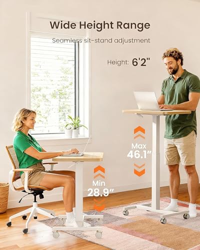 ErGear Mobile Small Standing Desk, Enhanced Adjustable Height Computer Workstations, Portable Rolling Laptop Desk with 4 Lockable Wheels for Home Office & Classroom, Light Walnut ErGear