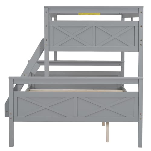 Merax Wood Bunk Bed,Twin Over Full Bunk Beds with Ladder,Safety Guardrail,Can be Separated into 2 Platform Beds,Perfect for Bedroom Kids Adults,Gray Merax