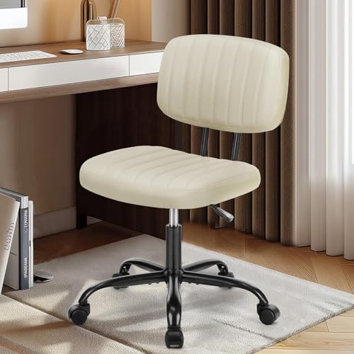 DUMOS Small Armless Home Desk Executive Chair with Low Back Lumbar Support, Height Adjustable PU Leather Computer Office Chair with 360° Swivel Wheels for Kids and Adults, Beige DUMOS