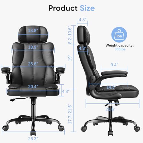 Kensaker Executive Leather Office Chair, Computer Chair with Thick Cushion & Lumbar Support, Ergonomic Desk Chair with Adjustable Headrest & Armrests,Black Kensaker