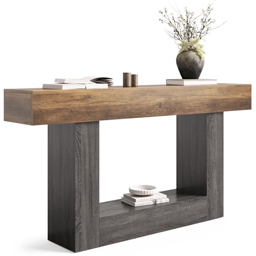 LITTLE TREE 63 Inches Long Console Table, 2-Tier Farmhouse Sofa Table Behind Couch, Large Narrow Entryway Table for Living Room, Wooden Hallway Foyer Table with Heavy Duty Base, Rustic Brown and Grey LITTLE TREE