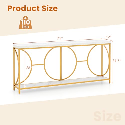 GOFLAME 71” Extra Long Console Table, 2-Tier Faux Marble Entryway Table with Storage Shelf, Geometric Metal Frame, Modern Gold Accent Table, Narrow Sofa Table for Living Room, Hallway GOFLAME