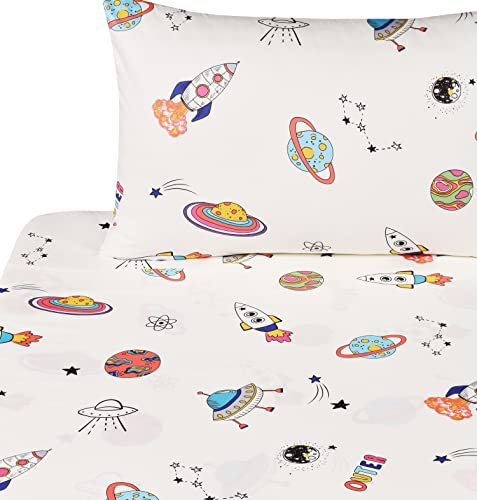 J-pinno Outer Space Planet Rocket Travel Adorable Twin 100% Cotton 3 Pieces Sheet Set for Kids Girls Children Flat Sheet + Fitted Sheet + Pillowcase Bedding Decoration Gift Set J-pinno