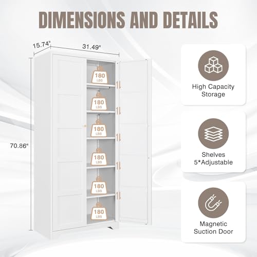 Yizosh Metal Storage Cabinet with 2 Doors and 5 Adjustable Shelves - 71" White Kitchen Pantry Storage Cabinet, 5-Tier Tall Steel Cabinet Locker for Kitchen,Dining Room,Living Room Yizosh