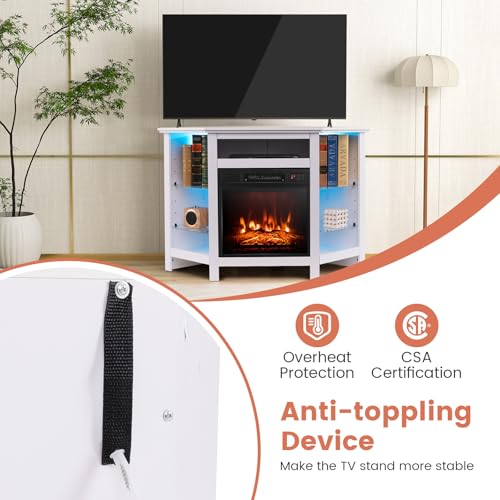 RELAX4LIFE Corner Fireplace TV Stand - Electric Fireplace Entertainment Center w/Heater Insert, LED Lights, APP Control & Adjustable Shelves, Media Console Cabinet for TVs up to 50’’ (White) RELAX4LIFE