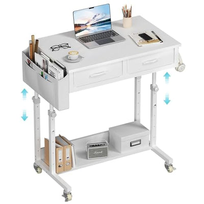 WINAZ Small White Portable Adjustable Rolling Kids Desk with Drawers & Storage Shelf, 32 Inch Mobile Standing Vanity Desks with Wheels, Couch Sofa Side Laptop Craft Table for Bedroom Home Office
