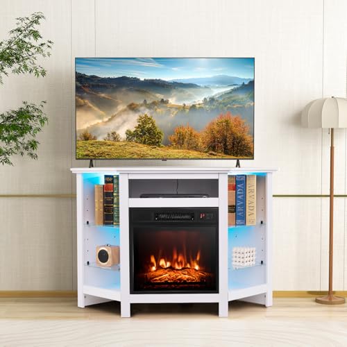 Tangkula Fireplace Corner TV Stand with LED Lights & Smart APP Control for 50 Inches TV, Entertainment Center with Adjustable Glass Shelves, 18” Electric Fireplace, Remote Control, Thermostat Tangkula