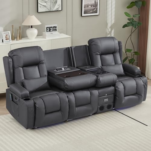 TUNYI Wall Hugger Loveseat Recliner Sofa with Console, Power Reclining Loveseat RV Couch with Massage & Heat/USB/Outlet/Storage/LED Light/Speaker (Light Grey, 3 Seat with Console)