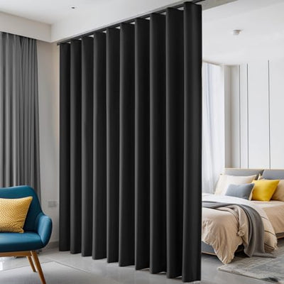 hoeflife Room Divider Curtains Blackout Floor to Ceiling Curtain with Hook Wall Mount Sliding Door Curtains Ceiling Mount Extra Wide Curtain Wall Divider for Room Separation (Black, W100 x H84 Inch)