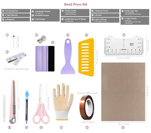 Arvakr T Shirt Heat Press Starter Kit, Sublimation Accessories and Supplies with Ruler Guide, Teflon Sheets, Heat Tape, Heat Gloves, Marking Pencils, Sewing Pins, Cute Arvakr