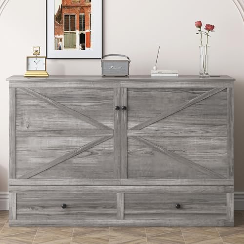 PUREMIND Full Murphy Bed Cabinet with Mattress Included, Bedroom Cabinet Beds with USB Charging Station, Murphy Chest Bed with Storage Drawers, Horizontal Wallbed for Guest Room Grey PUREMIND