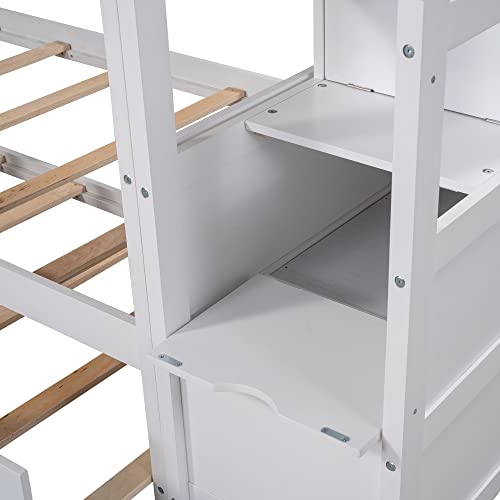 Merax Twin Over Twin Bunk Bed with Trundle, Solid Wood Stairway Bunk Bed Frame with 3 Storage Cabinet Staircase, No Spring Box Required, White Merax