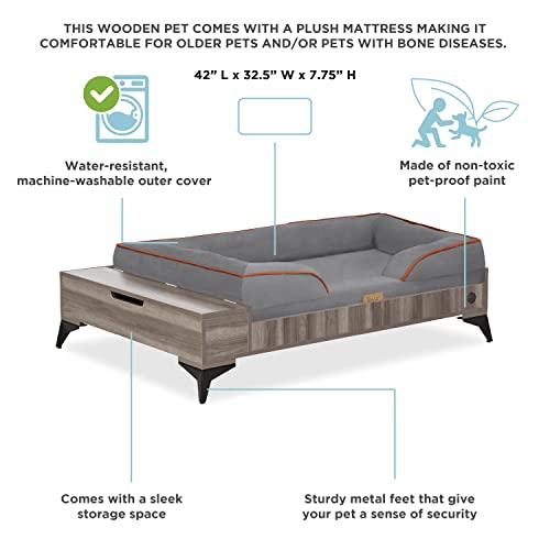 TailZzz Wooden Dog Bed with Mattress, Large to Extra Large Water-Resistant Elevated Pet Bed, Wooden Pet Bed with Storage, Greenguard Gold Certified, Machine Washable, Smokey Grey, Wyatt TailZzz