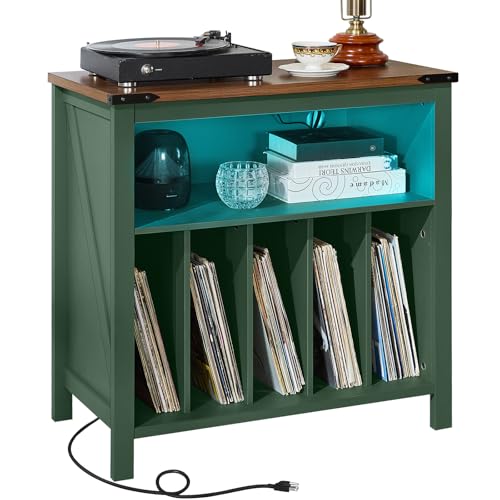 Joaxswe Large Record Player Table with Charging Station & LED Lights, Green Vinyl Record Storage Cabinet Holds up to 230 Albums, Turntable Stand with Display Shelf for Music Room Bedroom Living Room Joaxswe