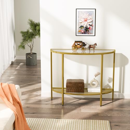 SAYGOER Glass Half Moon Console Table 2 Tier Narrow Entryway Table with Gold Metal Frames, Modern Couch Table Small Entry Way Tables, Easy Assembly, Clear Glass Gold Frames SAYGOER