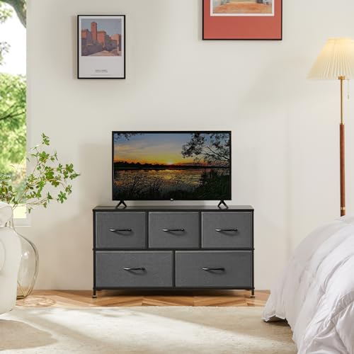 Dresser for Bedroom with 5 Drawers, Anti-Tip Wide Fabric Chests Storage Organizer Tower Furniture, TV Stand for TV up to 45 inch with Wooden Top Metal Frame for Clothes, Living Room, Hallway, Entryway Atilioo