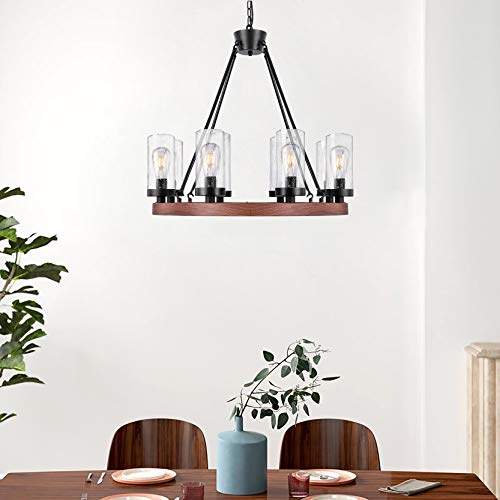 Wellmet 8-Light Farmhouse Chandeliers for Dining Room, 30 inch Rustic Wagon Wheel Chandelier with Seeded Glass Shade, Antique Vintage Round Wood-Painted Hanging Lighting Kitchen Island Living Room Wellmet