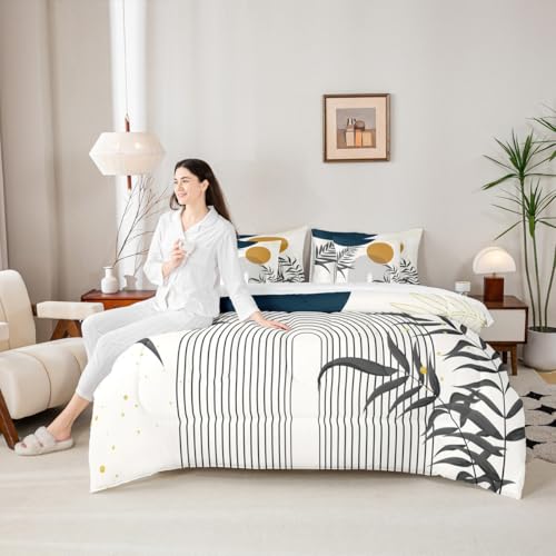 Erosebridal Boho Mid Century Queen 7 Pcs Bedding Set, Contemporary Bohemian Minimalist Comforter Set with Sheets, Abstract Geometric Bed in A Bag, Sage Tropical Palm Leaves Retro Elegant Zen Bed Sets Erosebridal