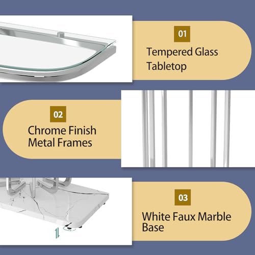 O&K FURNITURE 43" Modern Glass Console Table with Curved Chrome Frame & Faux Marble Base, Silver Narrow Sofa Table for Entryway, Living Room, Hallway, Home Office O&K FURNITURE