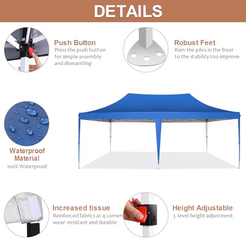 COBIZI 10x20 Pop Up Canopy Tent with Sidewalls,Party Tent Outdoor Gazebos, Waterproof & UV50+,3 Adjustable Heights,Higher Frame Design - Extra Tall for Parties Backyard,Weddings,Markets, Blue COBIZI