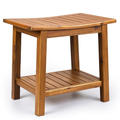Upolana Teak Shower Bench, 20" Solid Wood Shower Stool Waterproof Shower Seat with Storage Shelf for Bathroom, Indoor & Outdoor Use Upolana