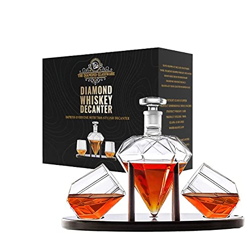 Whiskey Decanter Diamond shaped With 2 Diamond Glasses & Mahogany Wooden Holder – Elegant Handcrafted Crafted Glass Decanter For Liquor, Scotch, Rum, Bourbon, Vodka, Tequila – Great Gift Idea – 750ml RUGLUSH